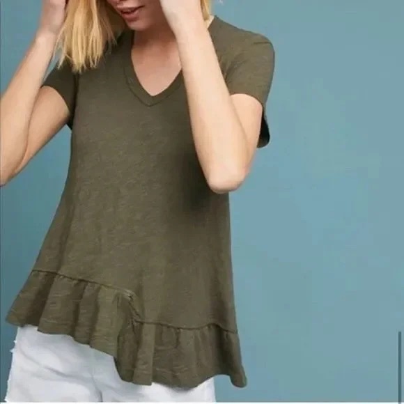 Anthro • Olive asymmetrical tie-back top ruffle size XS - Picture 2 of 10